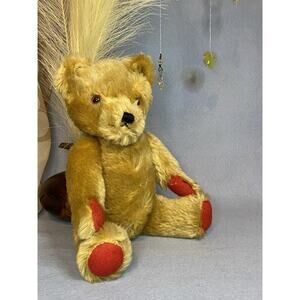 Vintage 1950s Twyford Gold Mohair Jointed Teddy Bear - original red felt paws